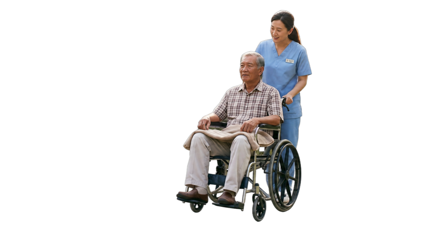 A support worker accompanying an older adult outdoors in a peaceful garden